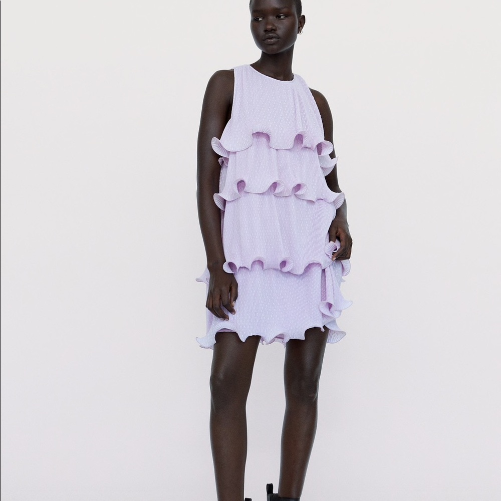 Zara Light Lilac Purple Pleated Ruffled Mini Dress
